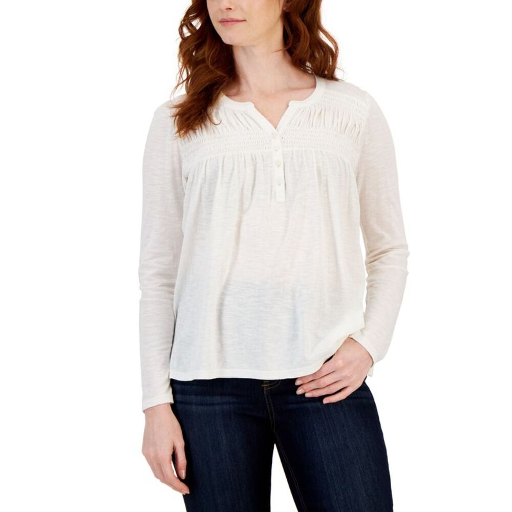 Style & Co Petite Knit Smocked Long Sleeve Top